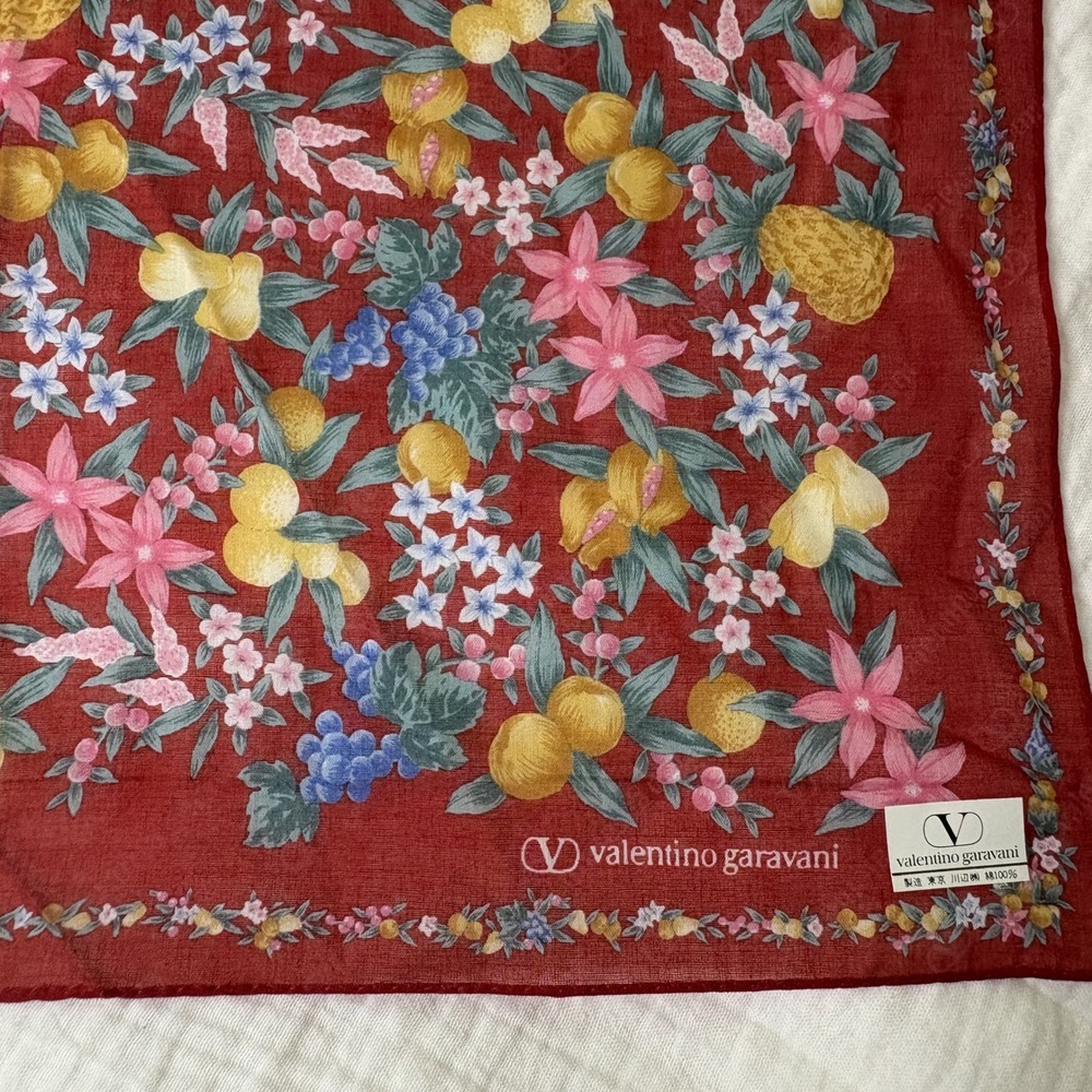 Valentino Garavani Scarf Handkerchief Fruit Floral Cotton Red Logo Border 16.5"